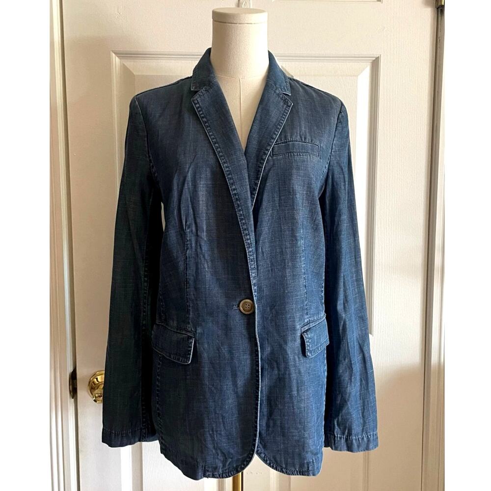 Talbots Denim Blazer Jacket SZ S Blue Chambray Single Button Tailored Light Wash
